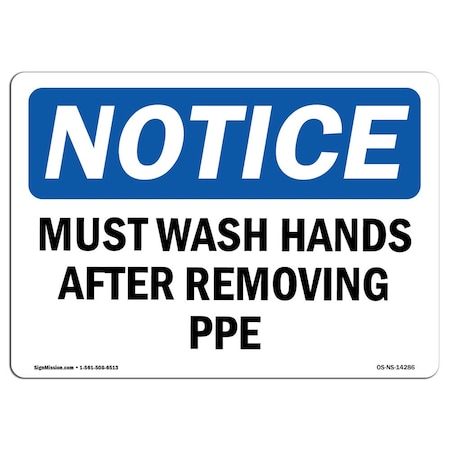 Signmission OSHA Notice Sign, Must Wash Hands After Removing Ppe, 24in X 18in Decal, 18" W, 24" L, Landscape OS-NS-D-1824-L-14286